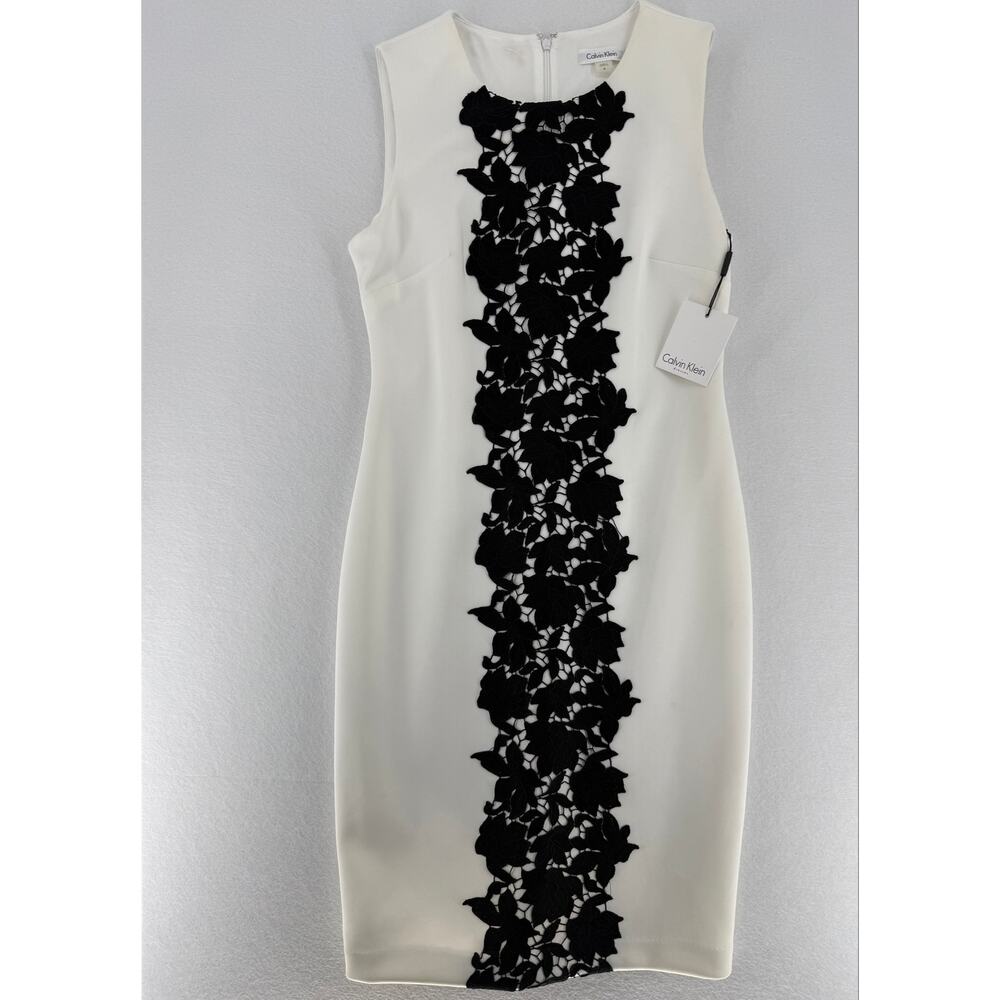 Calvin Klein Dress Womens 8 White Black Floral Lace Sheath NWT Cocktail